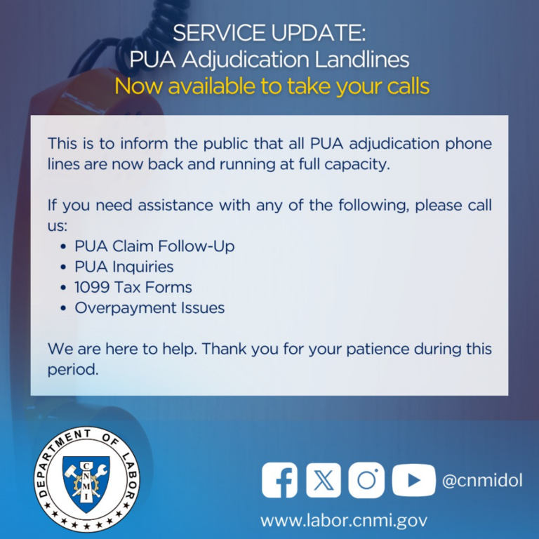 SERVICE UPDATE: PUA Adjudication Landlines Now available to take your calls